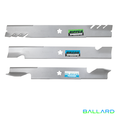 Silver Mower Blades:  16 5/8" Long,  2.5" Wide,  5 PT Star Center Hole, Thickness- .203"(Three Blades)